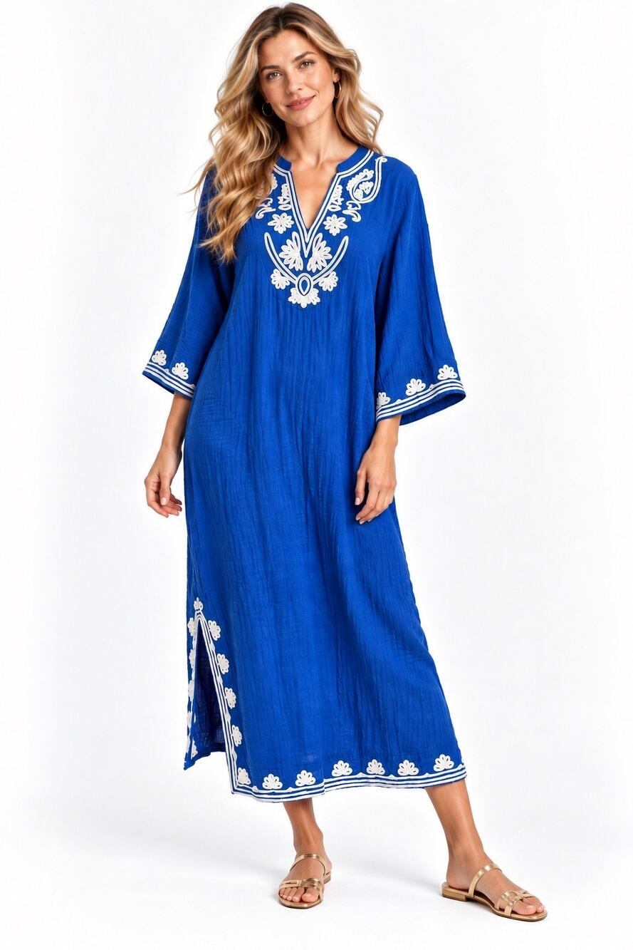 Soft Surroundings Royal Blue & White 100% Cotton Embroidered Maxi Dress